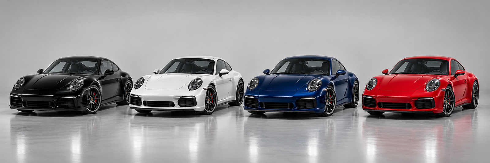 Four Porsche sports cars shown in black, white, blue and red